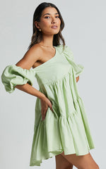 Harleen Mini Dress - Linen Asymmetrical Trim Puff Sleeve Dress in Sage