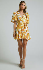 Aleka Mini Dress - V Neck Balloon Sleeve Wrap in Sunshine Floral
