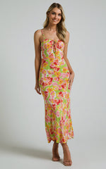 Elmerie Midi Dress - Sleeveless Tie Neck Front Dress in Green Floral Print