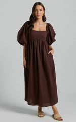 Cenia Midi Dress - Linen Straight Neck Shirred Back Puff Sleeve Dress in Dark Oak