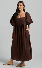 Cenia Midi Dress - Linen Straight Neck Shirred Back Puff Sleeve Dress in Dark Oak