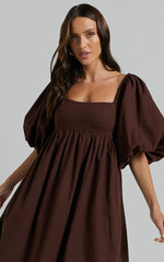 Cenia Midi Dress - Linen Straight Neck Shirred Back Puff Sleeve Dress in Dark Oak