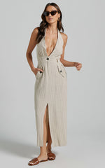 Copellia Midi Dress - Linen Plunge Halter Neck Front Split in Natural