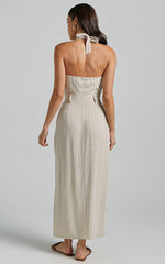 Copellia Midi Dress - Linen Plunge Halter Neck Front Split in Natural
