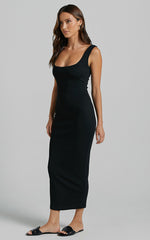 Revah Midi Dress - Scoop Neck Bodycon Ribbed Dress in Black