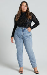 Laura Bodysuit - Longsleeve Velvet Burn Out Bodysuit in Black Floral