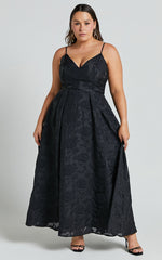 Philine Midi Dress - Jacquard Plunge Fit and Flare Dress in Black