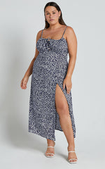 Willa Midi Dress - Ruched Bust Thigh Split Dress in Blue Floral