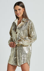 Cally Mini Dress - Oversized Shirt Dress in Gold Sequin
