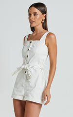 Nympha Playsuit - Square Neck Button Through Belted Playsuit in White
