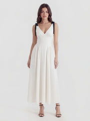 V-Neck Fitted Waist Maxi Dress With Bow Straps