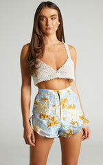 Brailey Shorts - Frill Hem Shorts in Blue & Yellow Jacquard