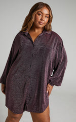 Ruri Mini Dress - Sparkly Oversized Shirt Dress in Berry