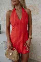Striped Linen Halter Dress-Coral Red