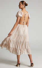 Anita Midi Dress - Puff Sleeve Tiered Dress in Beige