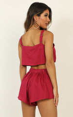 Zanrie Square Neck Crop Top and High Waist Mini Flare Shorts in Berry Linen Look