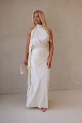 Halter Neck Satin Jersey Maxi Dress-Ivory