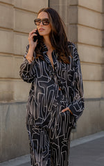 Janissa Shirt - Long Sleeve Satin Shirt in Black and White Linear