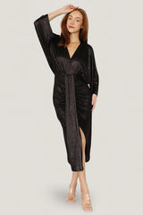Ciara Ruched Midi Dress | Black Metallic