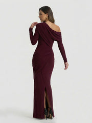 Asymmetric-Neck Maxi Dress With Ruched Detailing
