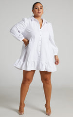 Maulee Mini Dress - Frill Hem Shirt Dress in White