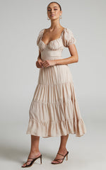 Anita Midi Dress - Puff Sleeve Tiered Dress in Beige