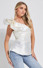 Carizza Top - One Shoulder Flounce Gathered Bodice Top in White