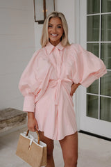 Puff Sleeve Mini Poplin Dress-Soft Pink