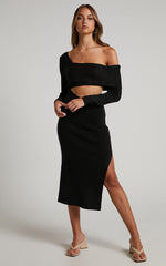 Alabama Midi Dress - Off One Shoulder Asymmetric Long Sleeve Knit Dress in Black