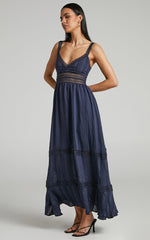 Angelique Maxi Dress - Lace Trim Dress in Navy