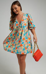 Rosita Mini Dress - Tie Front Puff Sleeve Dress in Pink Floral