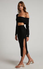 Alabama Midi Dress - Off One Shoulder Asymmetric Long Sleeve Knit Dress in Black