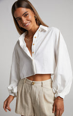 Marsha Linen Blend Shirt - Cropped Long Sleeve Button Up Shirt in White