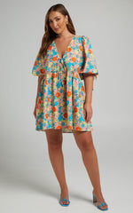 Rosita Mini Dress - Tie Front Puff Sleeve Dress in Pink Floral