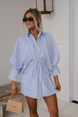 Puff Sleeve Mini Poplin Dress-White/Blue