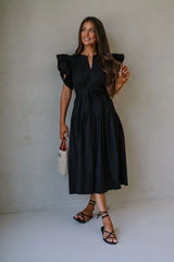 Luna Ruffle Poplin Midi Dress-Black