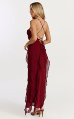 Connie Midi Dress - Ruffle Detail Dress in Wine