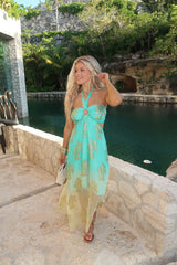 Brianna Halter Dress-Aqua/Gold