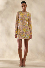 Merdia | Yellow Embellished Floral Crew-Neck Mini Dress
