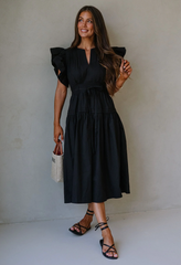 Luna Ruffle Poplin Midi Dress-Black
