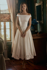 White Cotton Broderie Anglaise Boat Neck Maxi Dress