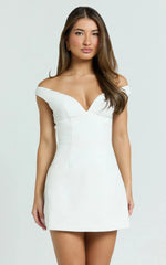 Irene Mini Dress Off Shoulder Bustier Tulip Skirt Dress In White