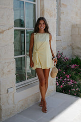 Boat Neck Side Tie Mini Dress-Butter Yellow