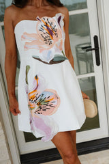 Strapless Beaded Floral Mini Dress-White