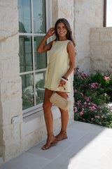 Boat Neck Side Tie Mini Dress-Butter Yellow