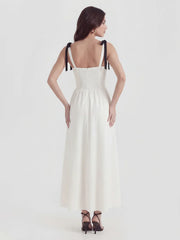 V-Neck Fitted Waist Maxi Dress With Bow Straps