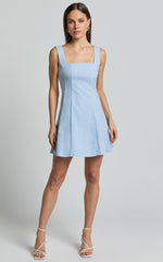 Adiana Mini Dress - Linen Square Neck Shirred Back A Line Dress in Pale Blue