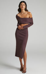 Alabama Midi Dress - Off One Shoulder Asymmetric Long Sleeve Knit Dress in Chocolate
