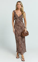 Alessa Midi Dress - V Neck Frill Detail Empire Waist Back Cut Out Dress in Tonal Leopard