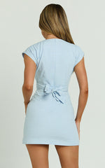 Alexandrea Mini Linen Blend Dress - Twist Front Cap Sleeve Fitted Dress in Blue